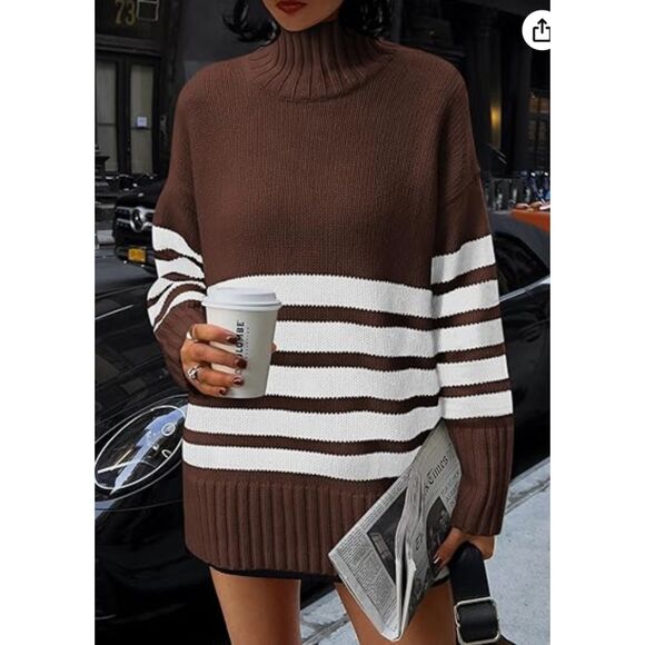 Women's Brown Striped Turtleneck Knit Long Sleeve Sweater, Oversized, Large - Picture 5 of 7